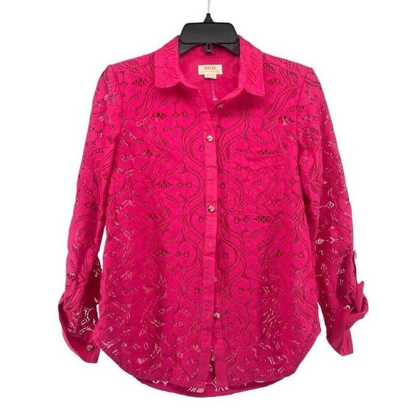Maeve By Anthropologie Women’s Pink Open Lace Slim Button Down Blouse Top Size 4 - Picture 2 of 15
